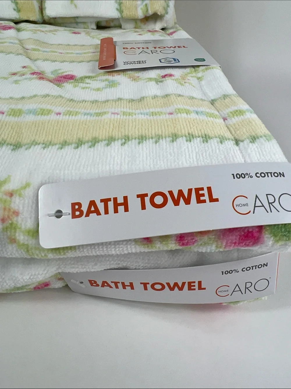 Caro Home Bath Towel Set Floral Yellow White Green Pink Velour Cotton 6 Pc NEW